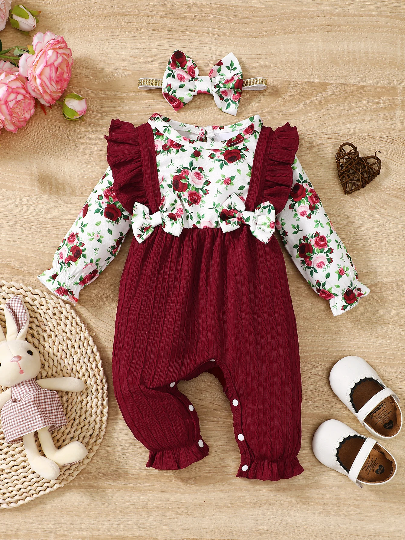 0-18 Months Newborn Baby Girl Romper Cute Floral Long Sleeve with Bow Bodysuit+Headband Infant Girl Spring&Autumn Jumpsuit thumbnail 6