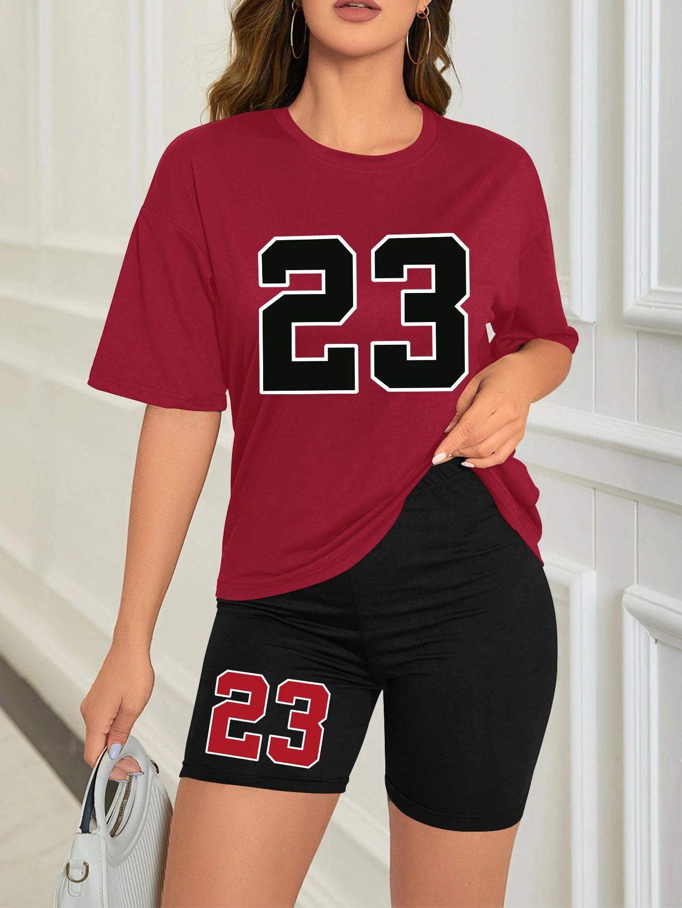 Women's summer set Number 23 print Casual shorts set Sports women's shirt Shorts 2 piece street wear set womens summer clothes thumbnail 3