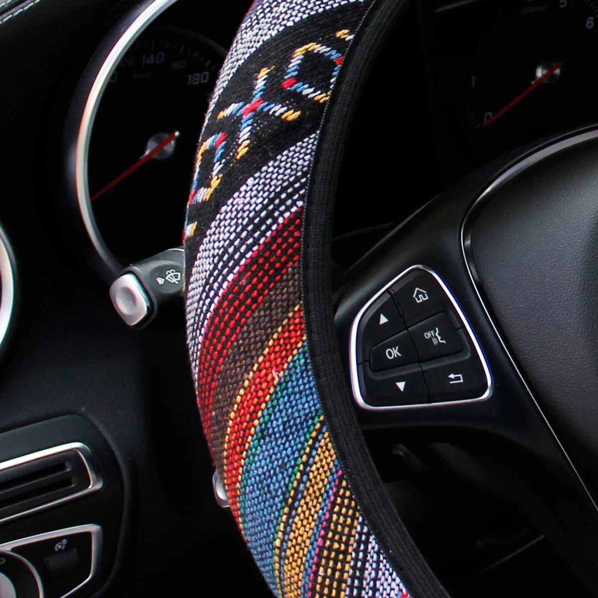 1 linen breathable fabric Bohemian style automotive supplies without inner ring steering wheel cover fits 14.5-15 inches thumbnail 2