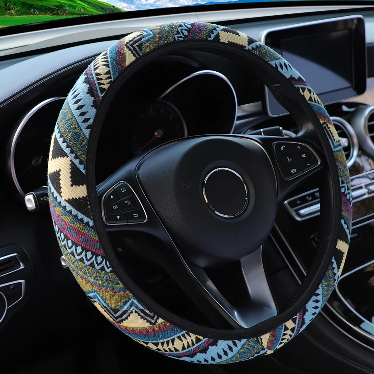 1 linen breathable fabric Bohemian style automotive supplies without inner ring steering wheel cover fits 14.5-15 inches thumbnail 5