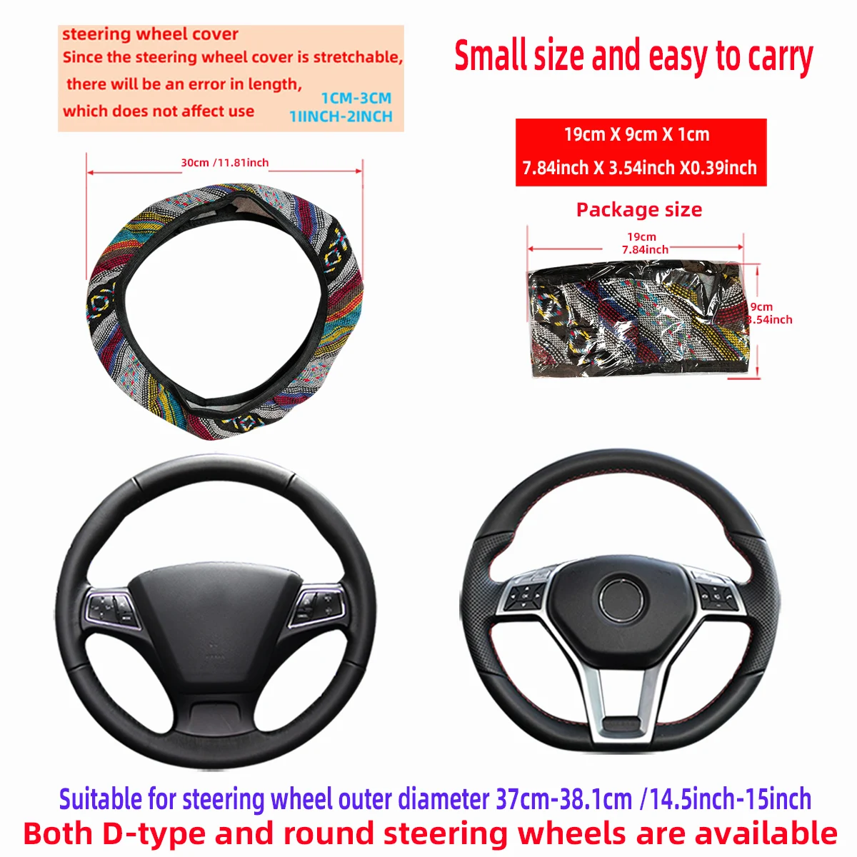 1 linen breathable fabric Bohemian style automotive supplies without inner ring steering wheel cover fits 14.5-15 inches thumbnail 3