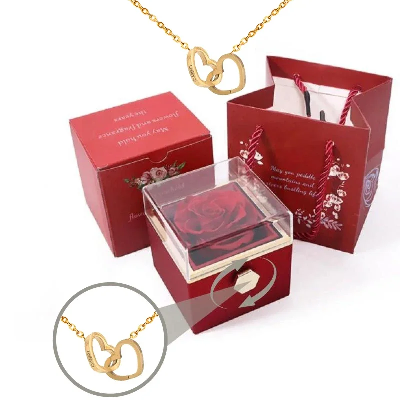 PolishedPlus Custom Names Heart Necklace Personalized Jewelry Rotating Rose Box Pendant Chain For Women Wife Valentine's Day thumbnail 4