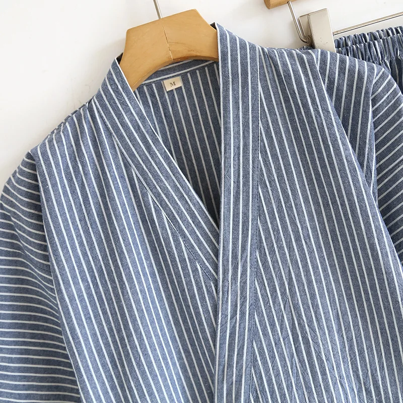Japanese Tie Up Kimono Robes Pajamas Set for Men's Striped Cotton Loose Summer Thin Short Sleeved Shorts Home Clothes for Men thumbnail 3