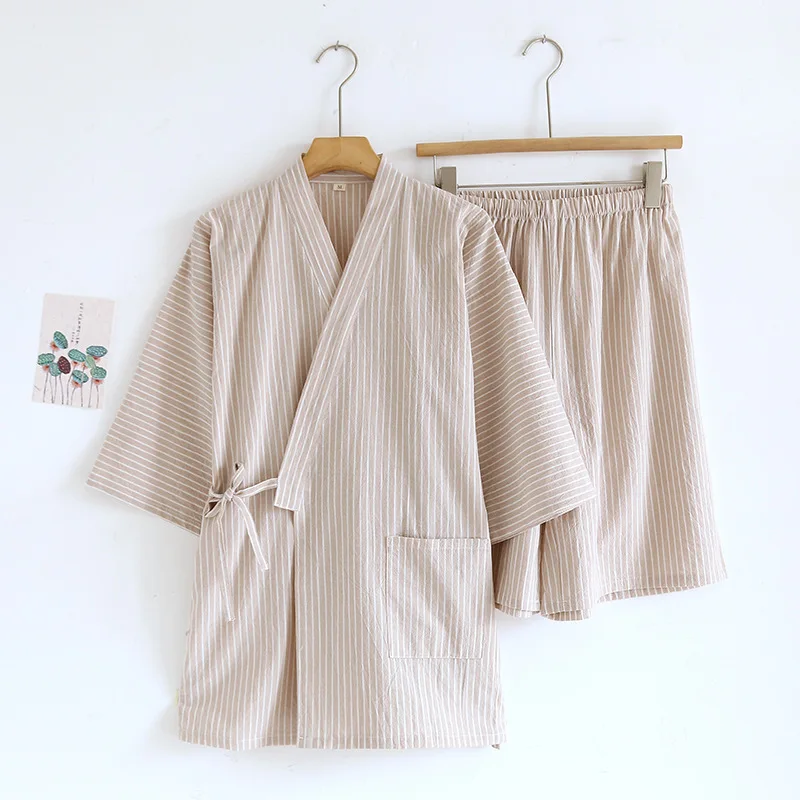 Japanese Tie Up Kimono Robes Pajamas Set for Men's Striped Cotton Loose Summer Thin Short Sleeved Shorts Home Clothes for Men thumbnail 6