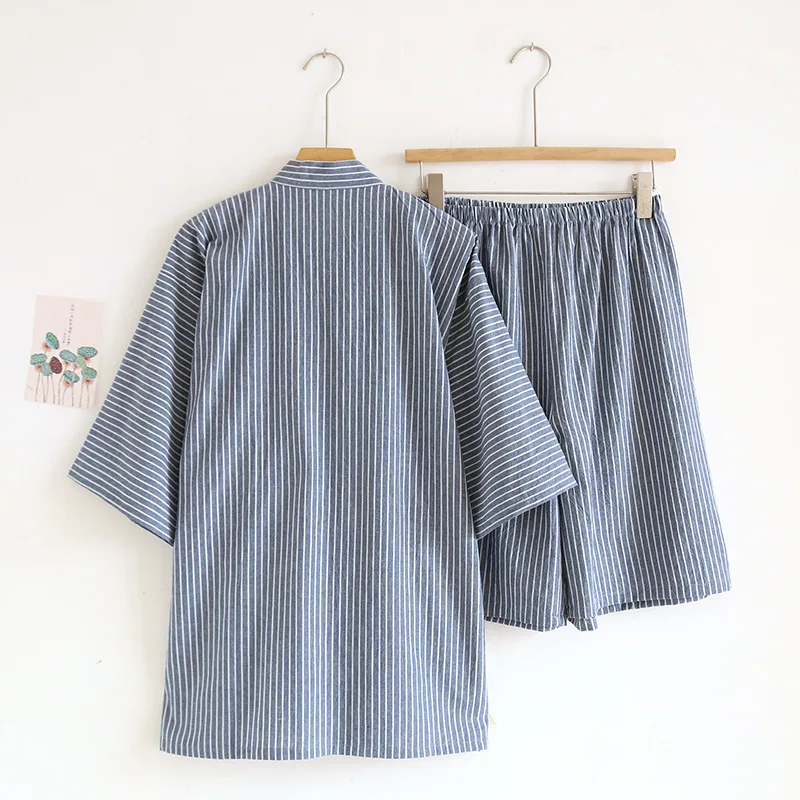 Japanese Tie Up Kimono Robes Pajamas Set for Men's Striped Cotton Loose Summer Thin Short Sleeved Shorts Home Clothes for Men thumbnail 2