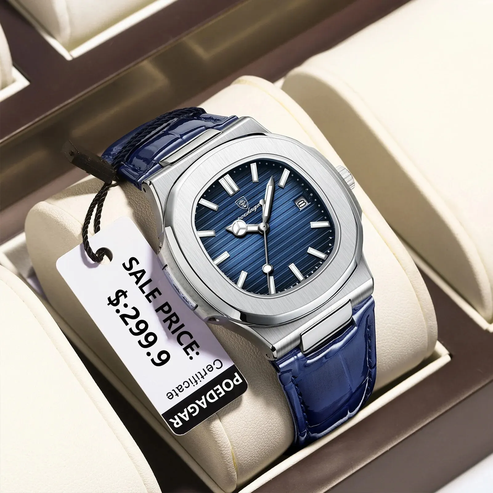 POEDAGAR Top Luxury Square Man Watch Date Waterproof Luminous Men Wristwatch High Quality Leather Men's Quartz Watches+Box Reloj thumbnail 2