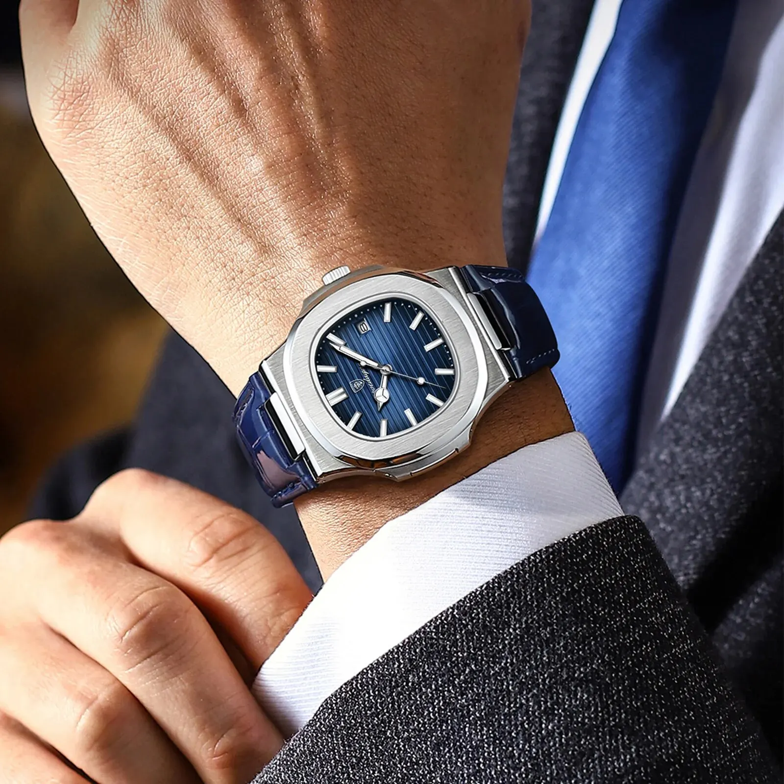 POEDAGAR Top Luxury Square Man Watch Date Waterproof Luminous Men Wristwatch High Quality Leather Men's Quartz Watches+Box Reloj thumbnail 5