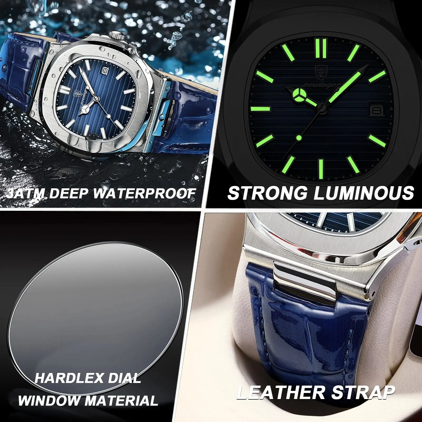 POEDAGAR Top Luxury Square Man Watch Date Waterproof Luminous Men Wristwatch High Quality Leather Men's Quartz Watches+Box Reloj thumbnail 4