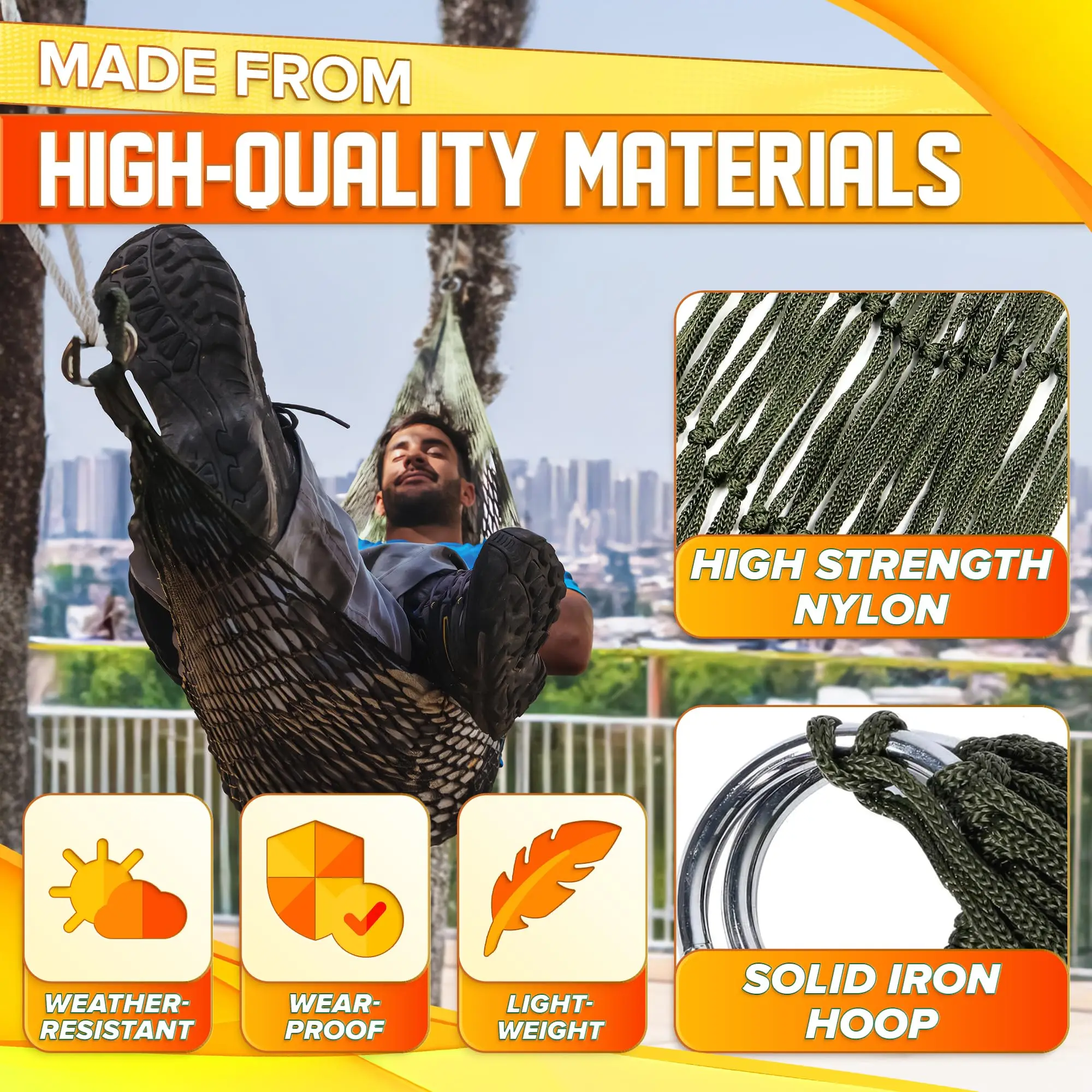 Outdoor Camping Hammock Portable Net Swing /Tree Straps, Single or Double Mesh Nylon Hammock for Outside, Hiking, and Travel thumbnail 4