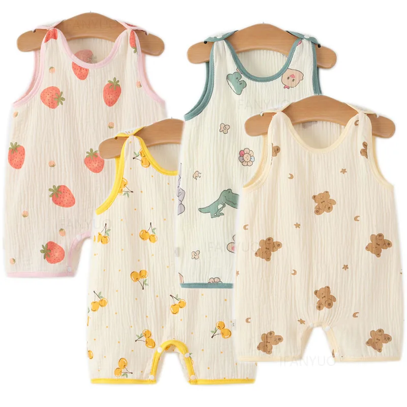 Baby Girl Waistcoat Romper Summer Cartoon Newborn Kid Jumpsuits Pajamas Thin Gauze Printed Infant Boy Crawling Clothes Bodysuits