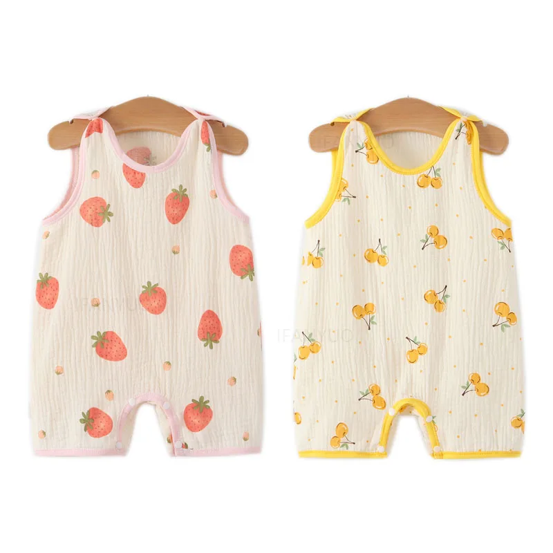 Baby Girl Waistcoat Romper Summer Cartoon Newborn Kid Jumpsuits Pajamas Thin Gauze Printed Infant Boy Crawling Clothes Bodysuits thumbnail 3