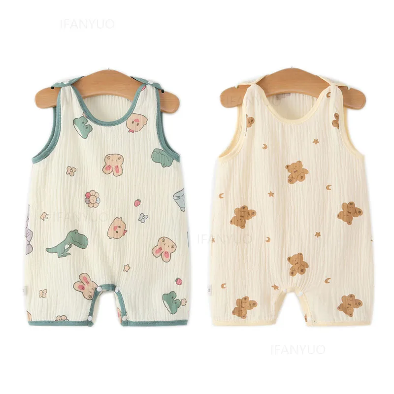 Baby Girl Waistcoat Romper Summer Cartoon Newborn Kid Jumpsuits Pajamas Thin Gauze Printed Infant Boy Crawling Clothes Bodysuits thumbnail 5