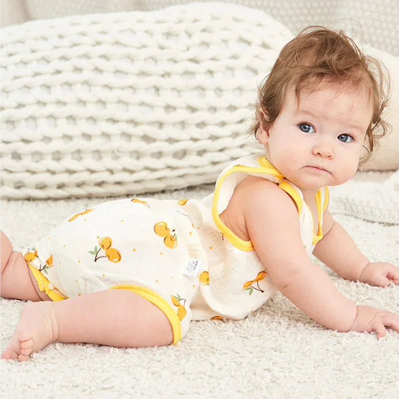 Baby Girl Waistcoat Romper Summer Cartoon Newborn Kid Jumpsuits Pajamas Thin Gauze Printed Infant Boy Crawling Clothes Bodysuits thumbnail 4