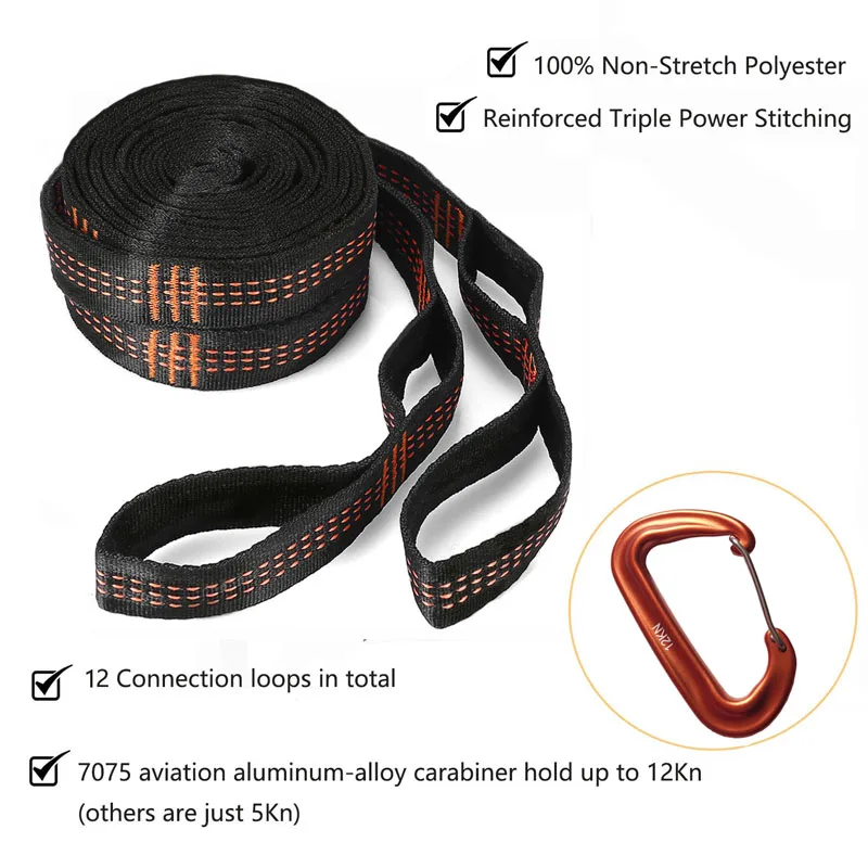 Outdoor hammock straps with more adjustable loops and ultra-length outdoor hammock straps and belts with 7075 alloy aluminum thumbnail 2