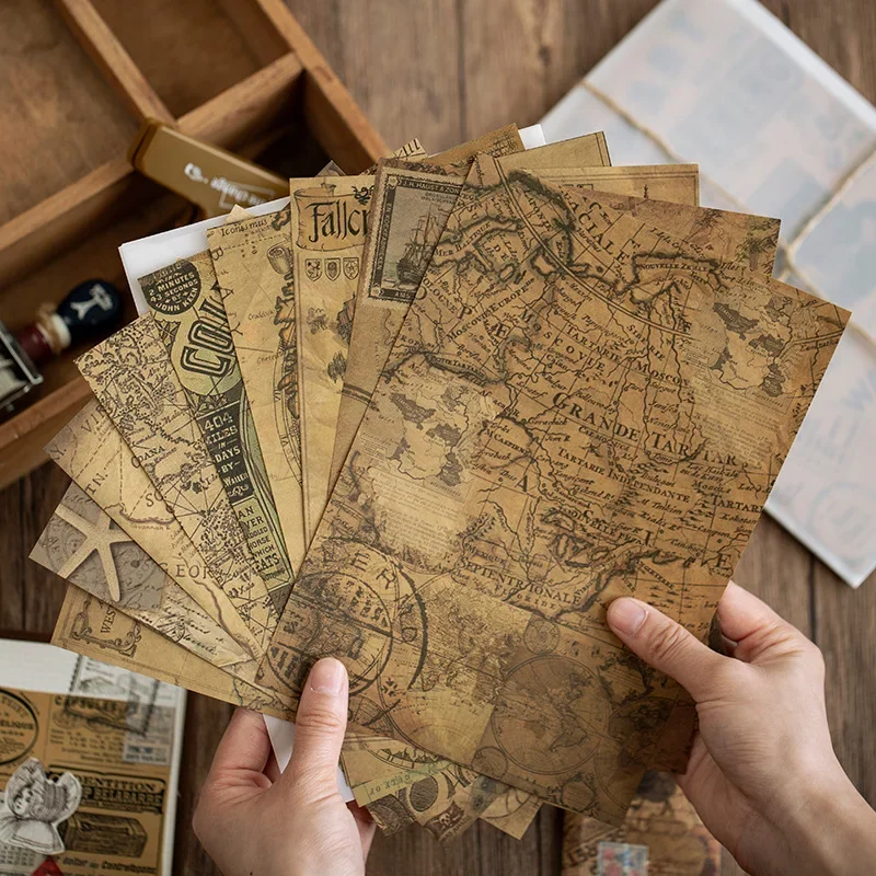 10 Pcs Large Size Junk Journal Paper Retro Map Material for DIY Scrapbooking Collage Album Week Diary Decoration Background