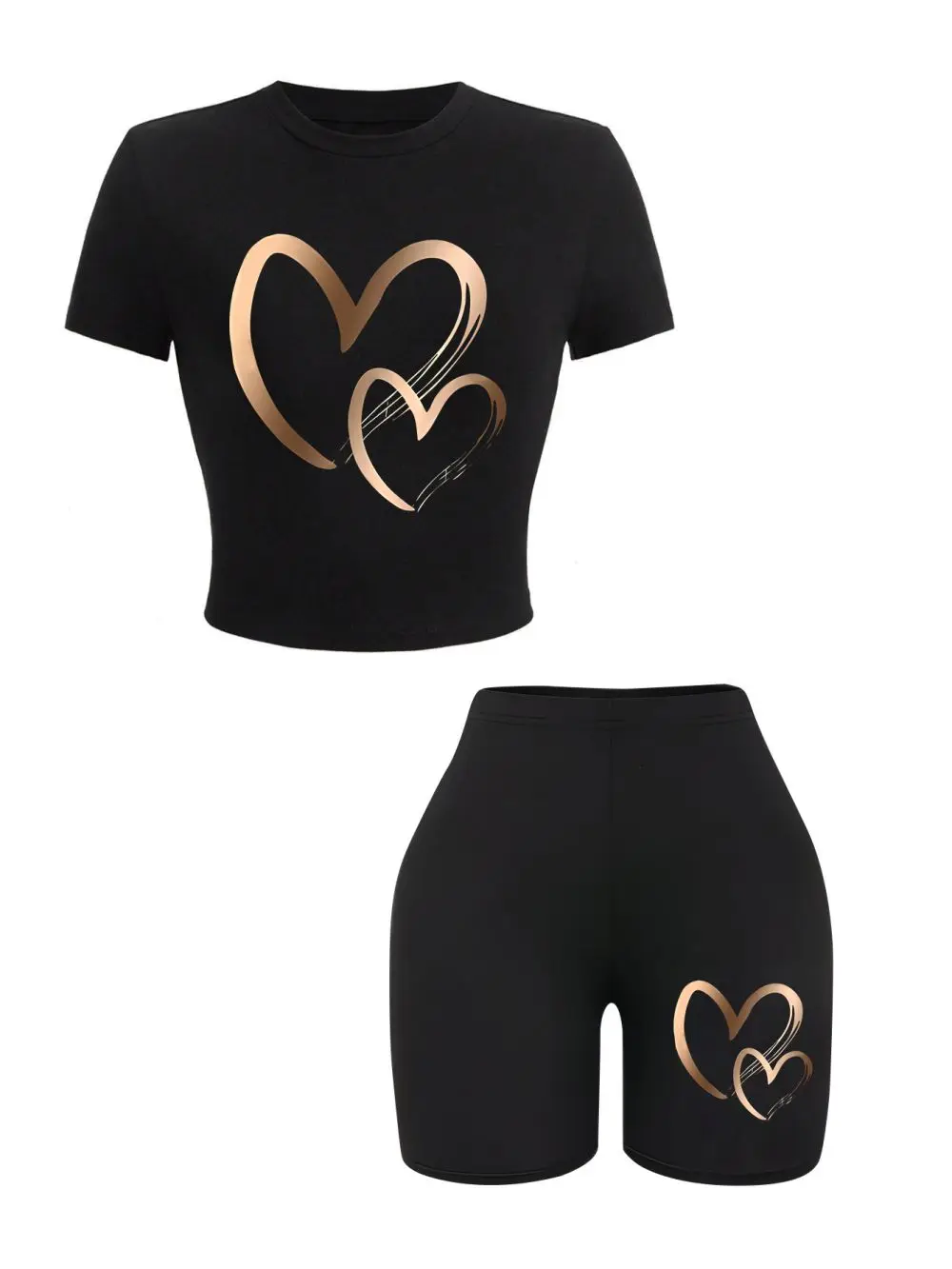 Summer Women Slim-fit T-Shirts & Shorts 2 Pieces Set Simple Hearts Pattern Prints Crop Tops Fashion High Elastic Soft Clothes thumbnail 5