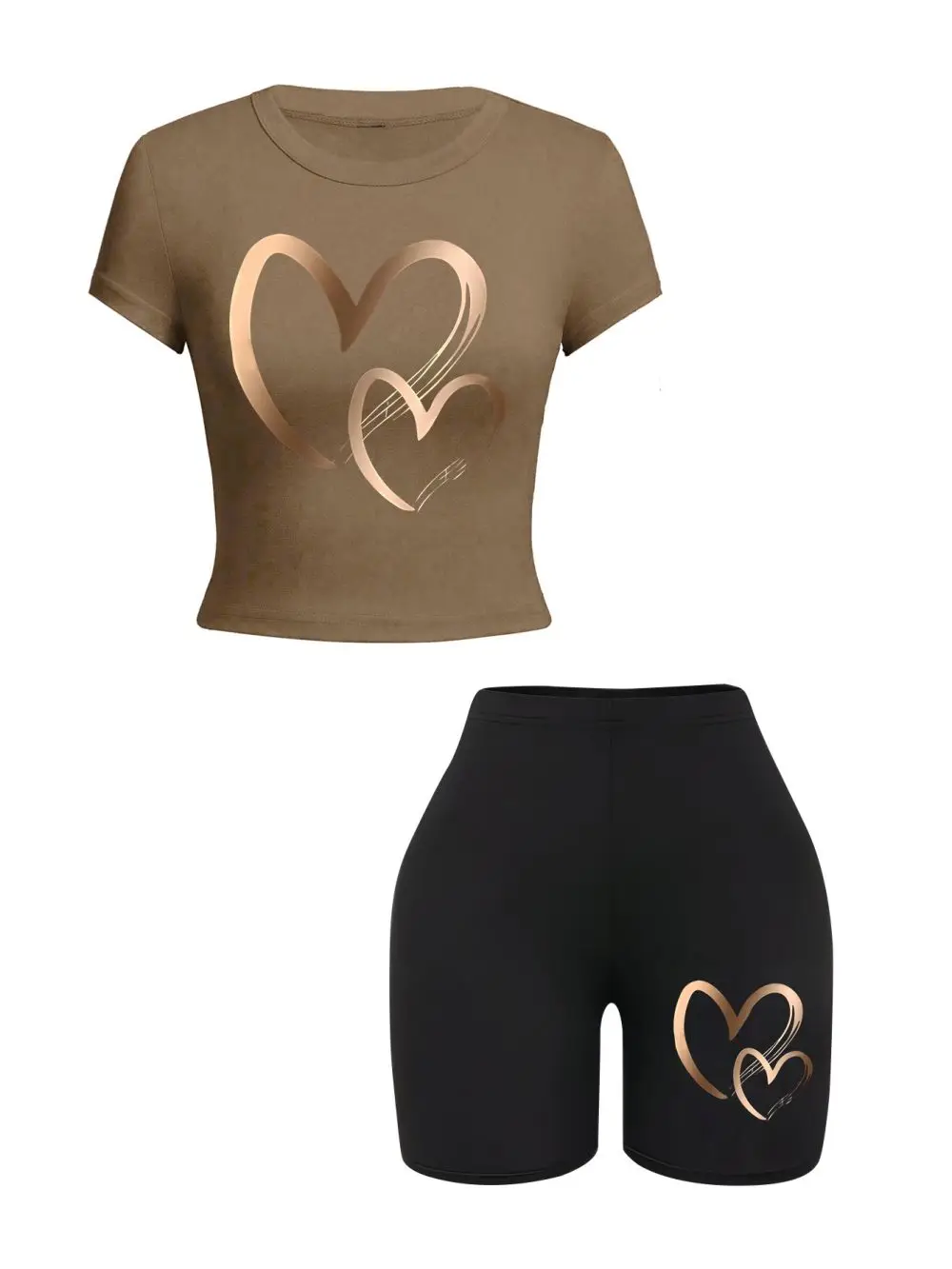Summer Women Slim-fit T-Shirts & Shorts 2 Pieces Set Simple Hearts Pattern Prints Crop Tops Fashion High Elastic Soft Clothes thumbnail 4