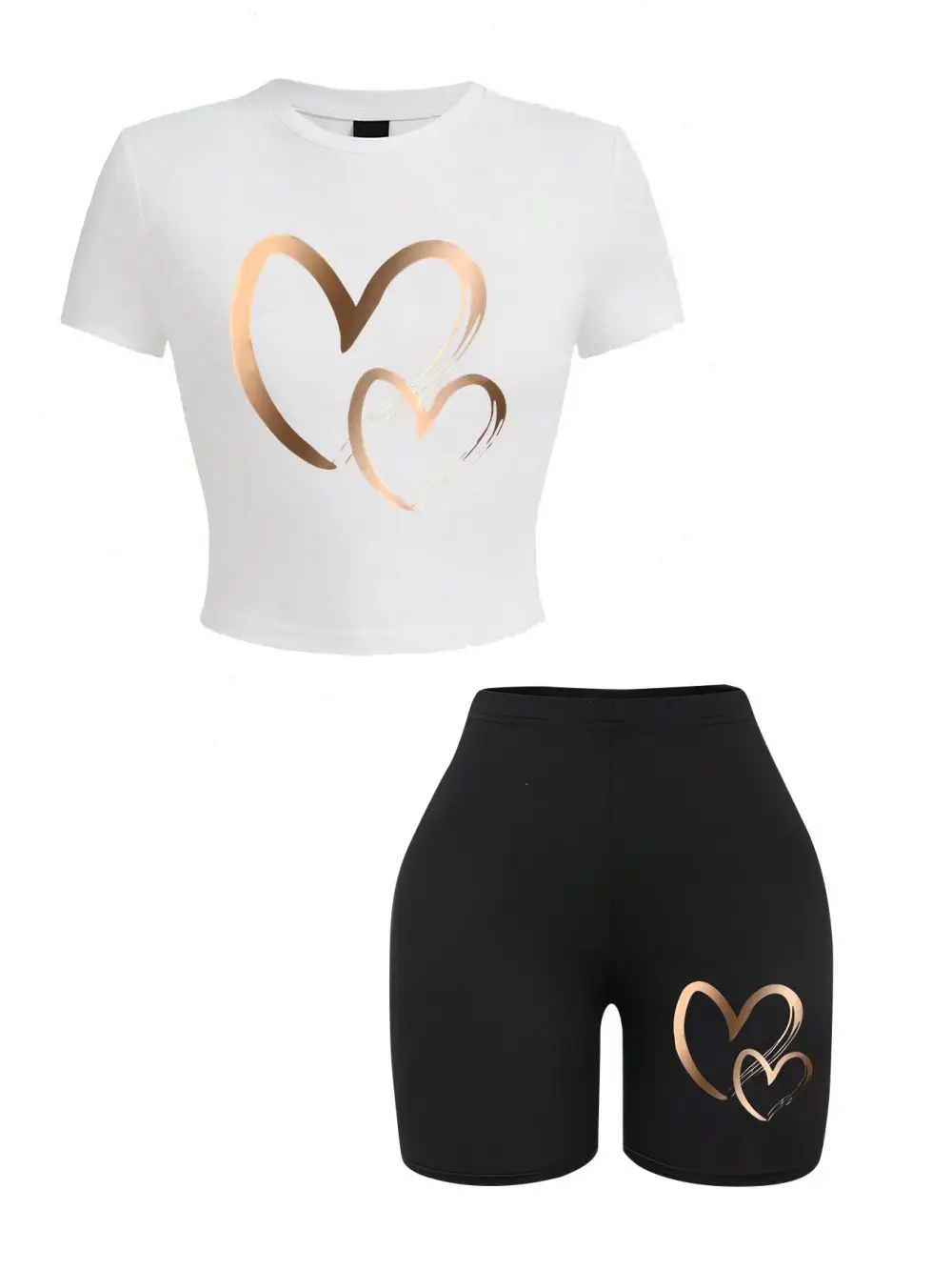 Summer Women Slim-fit T-Shirts & Shorts 2 Pieces Set Simple Hearts Pattern Prints Crop Tops Fashion High Elastic Soft Clothes thumbnail 2