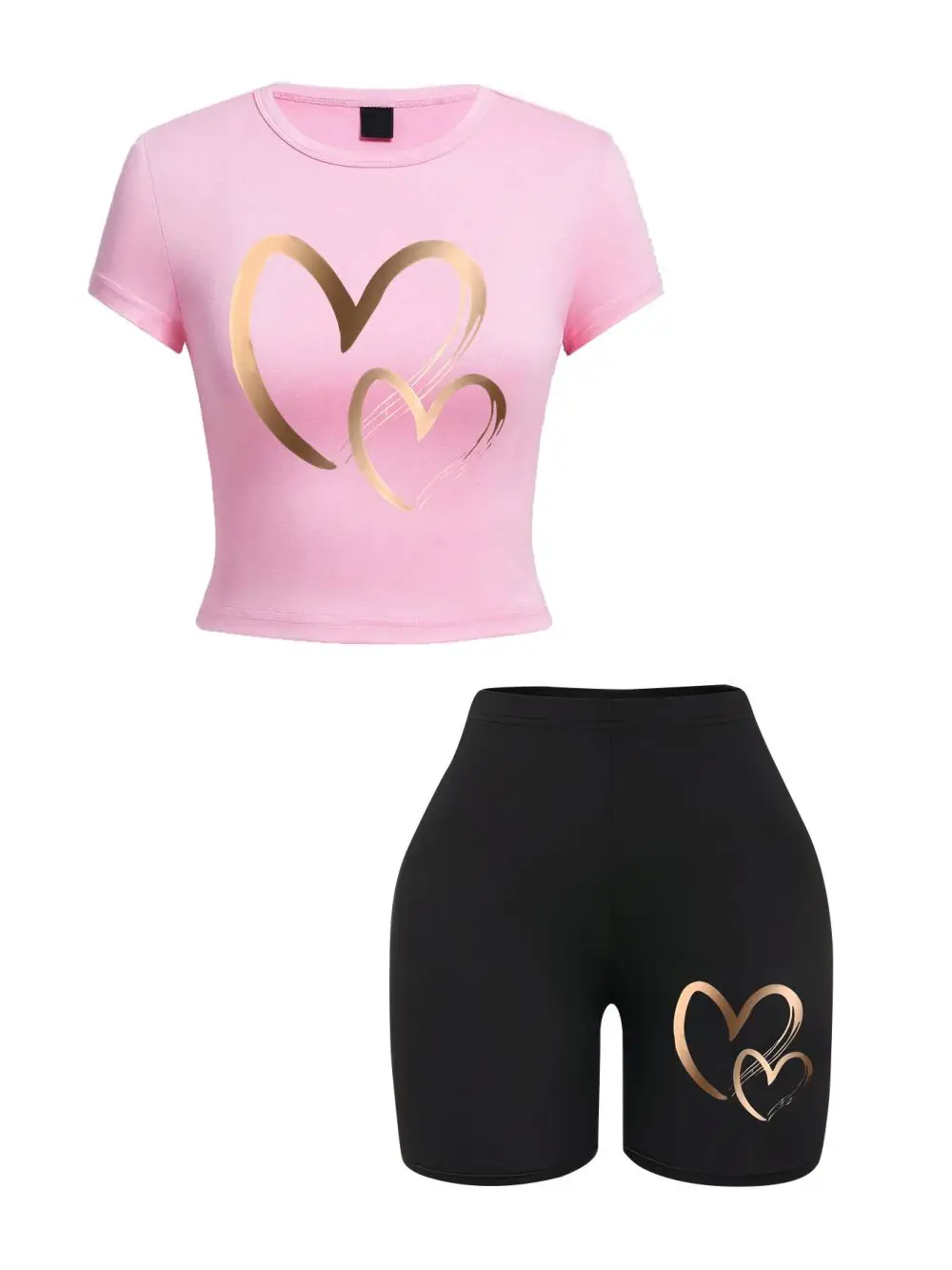 Summer Women Slim-fit T-Shirts & Shorts 2 Pieces Set Simple Hearts Pattern Prints Crop Tops Fashion High Elastic Soft Clothes thumbnail 3