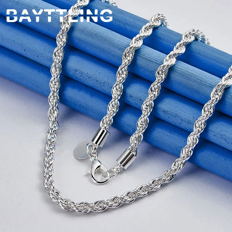 Charm 925 sterling silver Accessories Men 4MM 40-60cm 2PCS Rope Chain Necklace Bracelet Women Fashion Wedding Gift Jewelry thumbnail 6