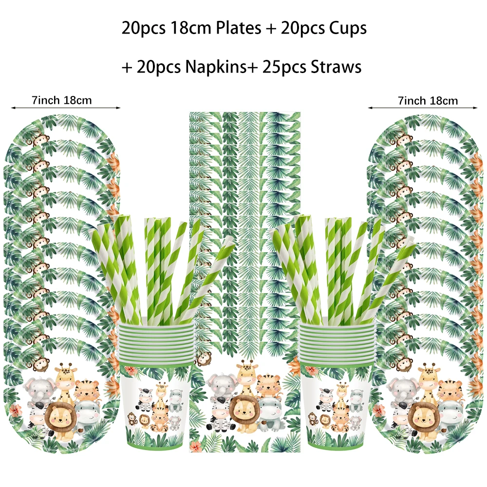 Jungle Birthday Disposable Tableware Wild One Paper Plates Cups Napkins Tablecloth Safari Jungle Animals Theme Party Decorations thumbnail 2