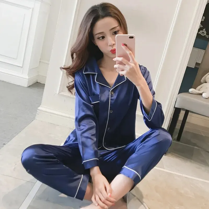 Pajamas Sets for Women 2024 Sexy Silk Women Pijama Sets Sleepwear Long-sleeve Cardigan Set Female Ice Silk Pyjamas Home Clothing thumbnail 2
