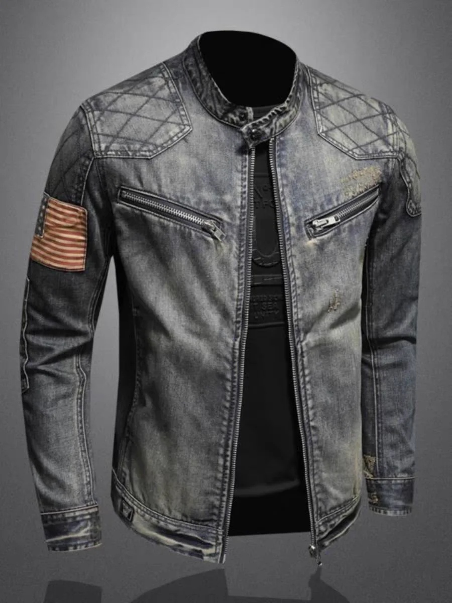 2024 new men's denim jacket trendy retro fashion casual stand-up collar zipper jacket handsome riding biker clothing denim tops thumbnail 2