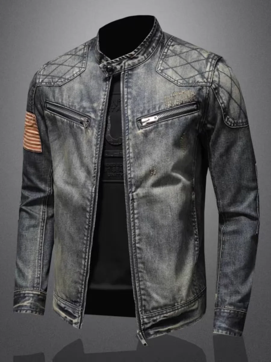 2024 new men's denim jacket trendy retro fashion casual stand-up collar zipper jacket handsome riding biker clothing denim tops thumbnail 3