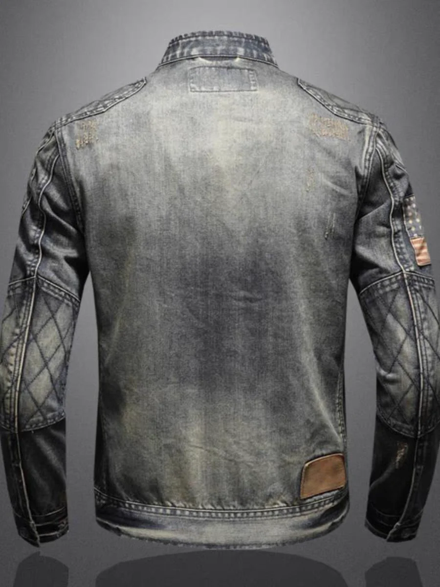 2024 new men's denim jacket trendy retro fashion casual stand-up collar zipper jacket handsome riding biker clothing denim tops thumbnail 4