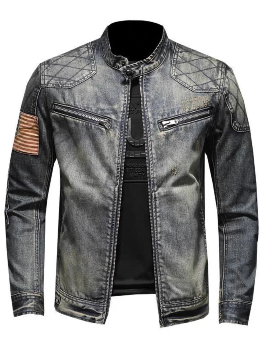 2024 new men's denim jacket trendy retro fashion casual stand-up collar zipper jacket handsome riding biker clothing denim tops thumbnail 5