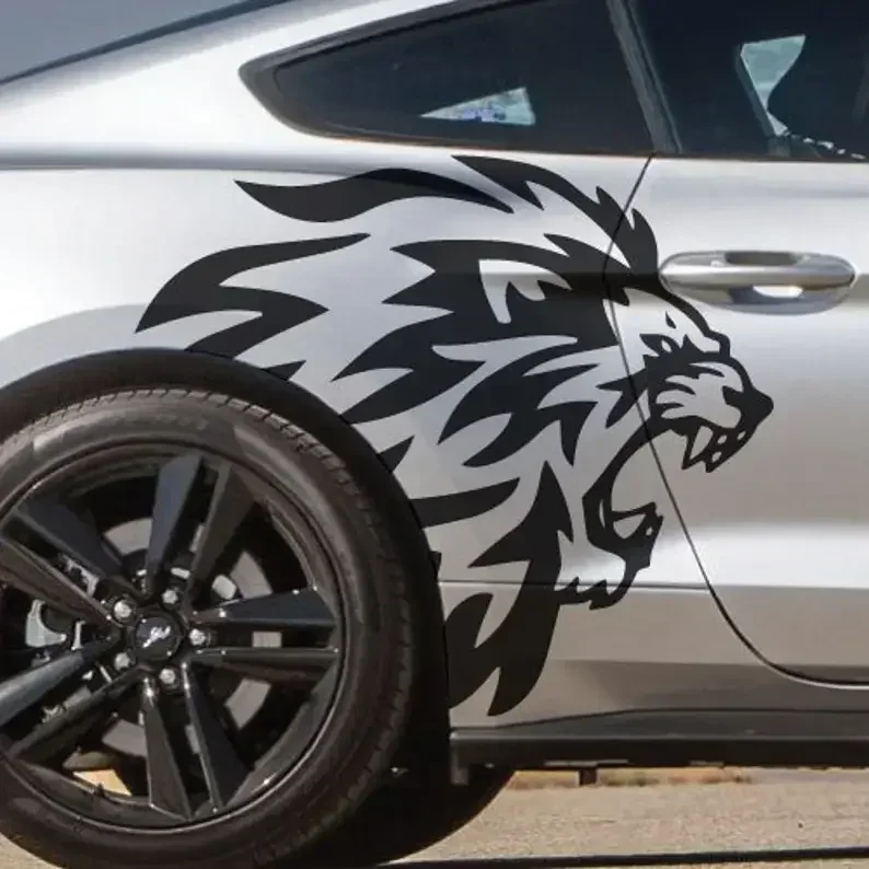 King Lion Head Car Outline Fits Mustang Tattoo Grunge Design Tribal Door Side Bed Pickup Vehicle Truck Vinyl Graphic Sticker US