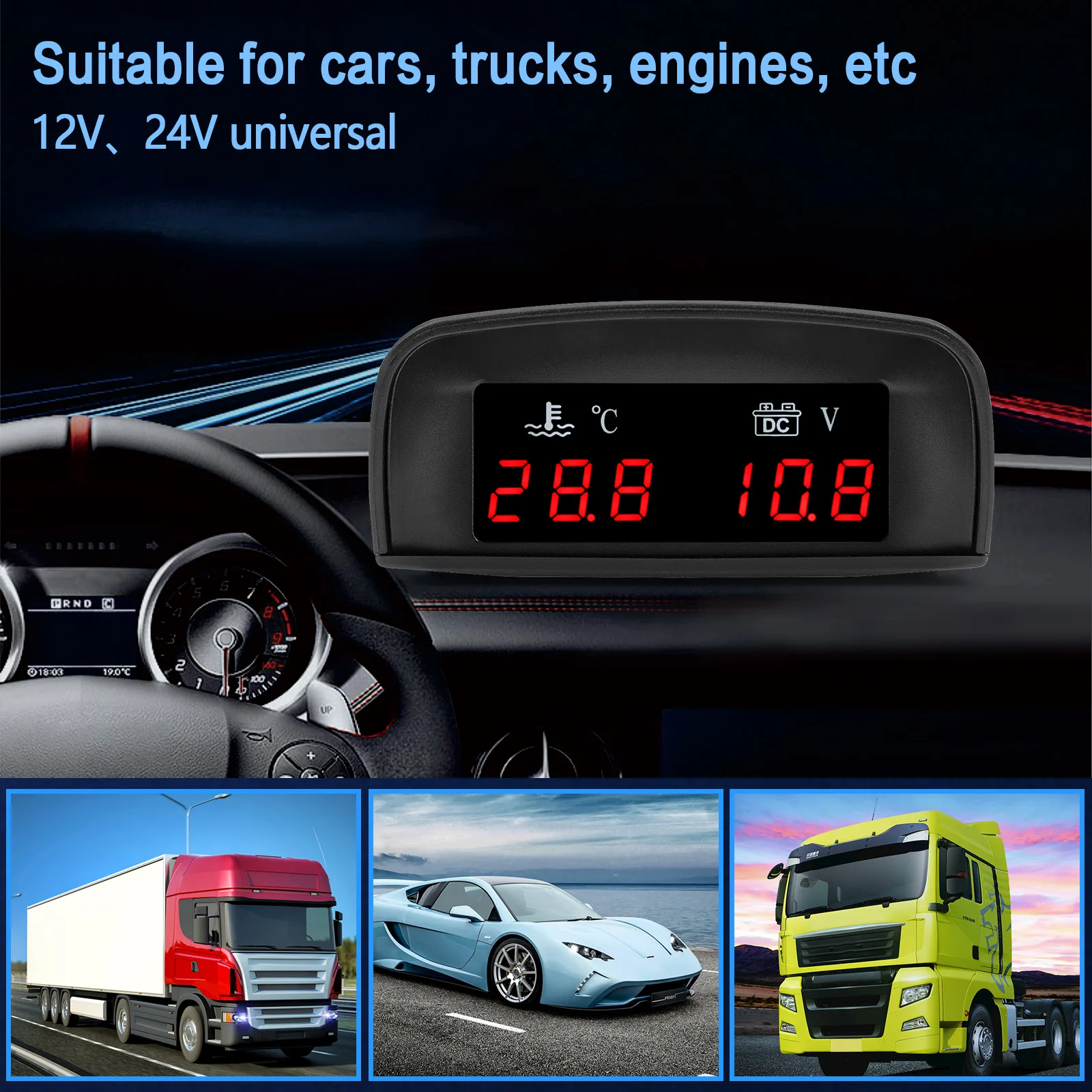 2 In 1 Car Water Temperature + Voltage Gauge LCD Display Digital Water Temp Gauge Voltmeter With 1/8 NPT Sensor Adapter 12V 24V thumbnail 2