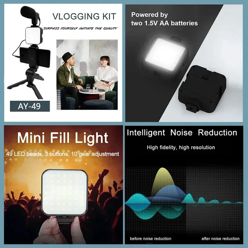 AY49 Smartphone Vlogging Kit With Tripod Phone Holder Mini Microphone LED Fill Light Starter For Live Stream Video YouTub thumbnail 3