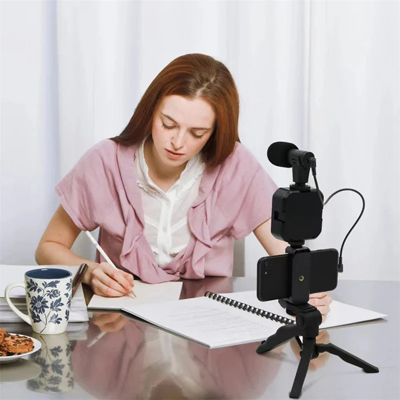 AY49 Smartphone Vlogging Kit With Tripod Phone Holder Mini Microphone LED Fill Light Starter For Live Stream Video YouTub thumbnail 5