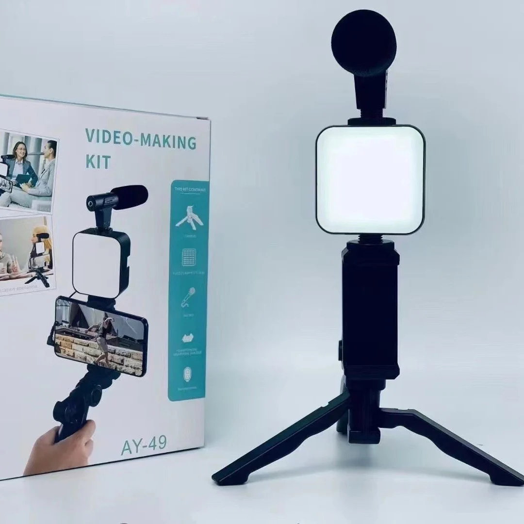 AY49 Smartphone Vlogging Kit With Tripod Phone Holder Mini Microphone LED Fill Light Starter For Live Stream Video YouTub thumbnail 6