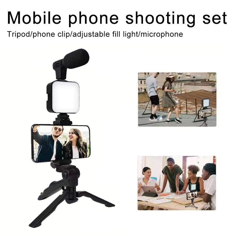 AY49 Smartphone Vlogging Kit With Tripod Phone Holder Mini Microphone LED Fill Light Starter For Live Stream Video YouTub thumbnail 2