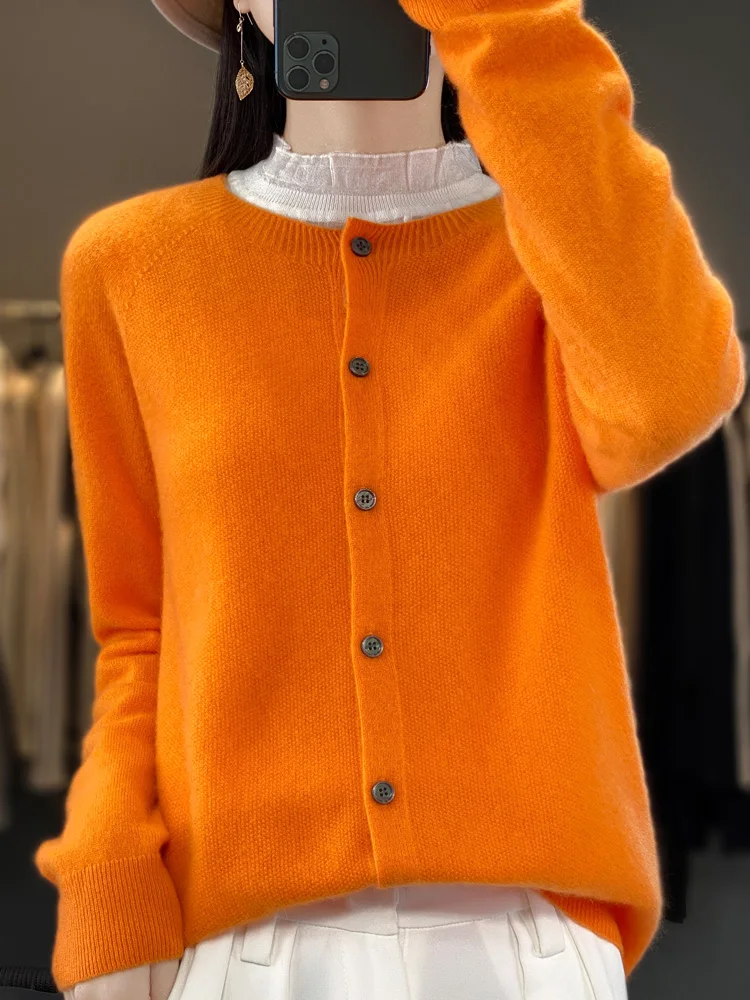 Fashion Women 100% Merino Wool Cardigans Cashmere Sweater Autumn Winter O-neck Long Sleeve Knitwear Female Basic Clothing Tops thumbnail 4