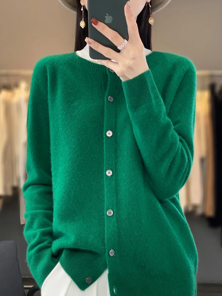 Fashion Women 100% Merino Wool Cardigans Cashmere Sweater Autumn Winter O-neck Long Sleeve Knitwear Female Basic Clothing Tops thumbnail 5