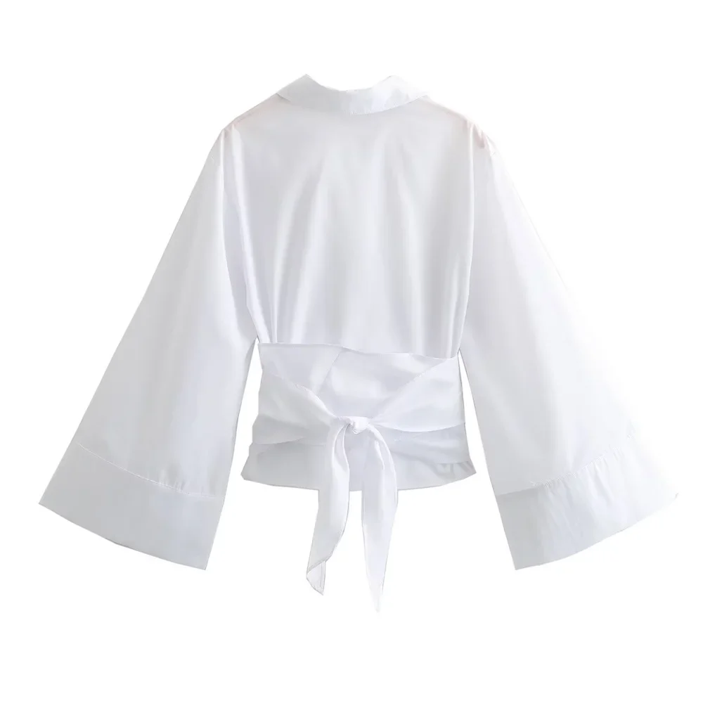 New Women's Fashion Casual Polo Neck Bow Tie up Short Edition Double Breasted Poplin Shirt thumbnail 5