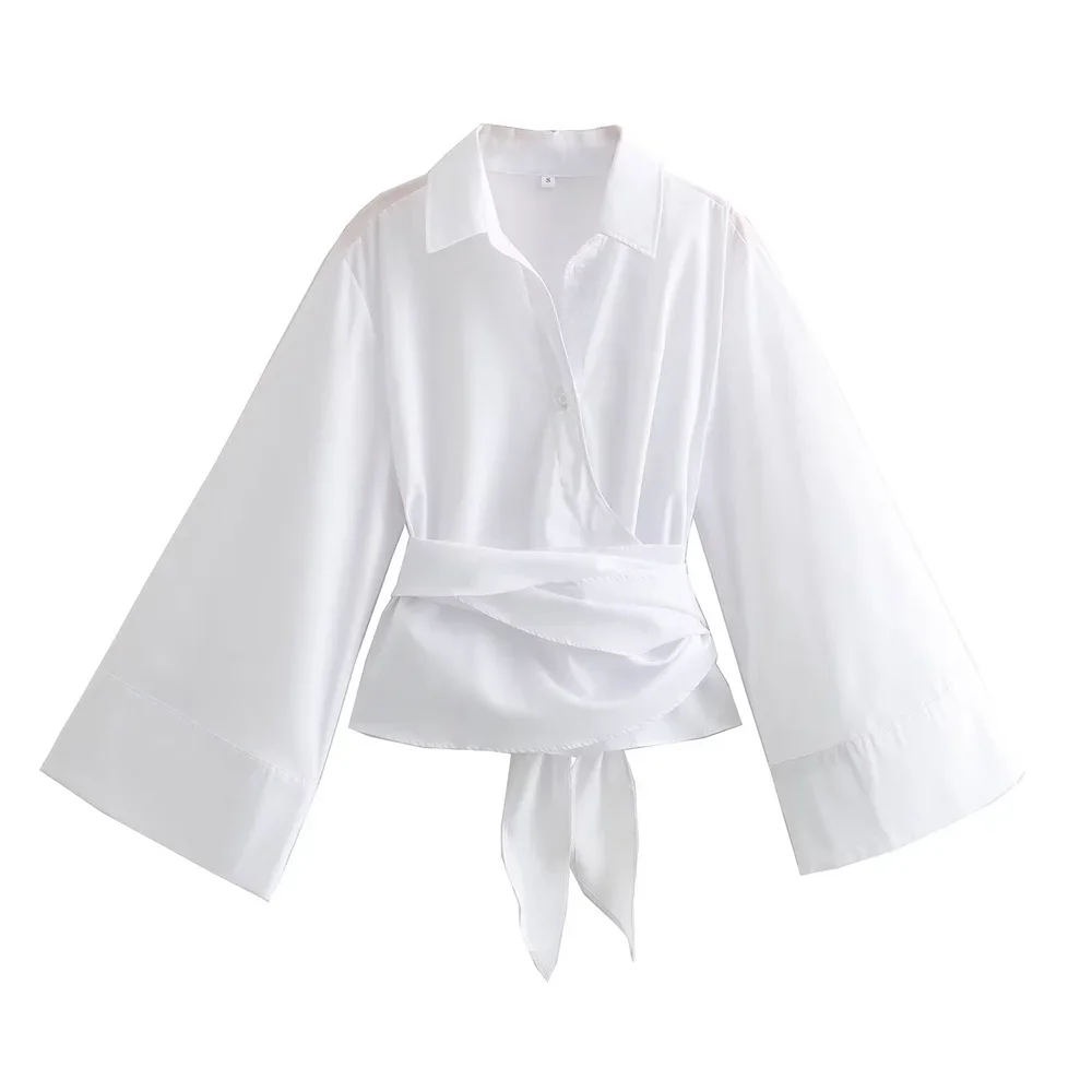 New Women's Fashion Casual Polo Neck Bow Tie up Short Edition Double Breasted Poplin Shirt thumbnail 4