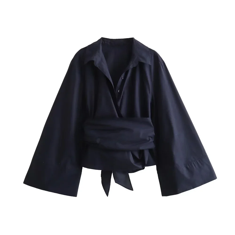 New Women's Fashion Casual Polo Neck Bow Tie up Short Edition Double Breasted Poplin Shirt thumbnail 2