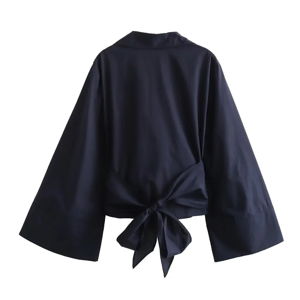 New Women's Fashion Casual Polo Neck Bow Tie up Short Edition Double Breasted Poplin Shirt thumbnail 3