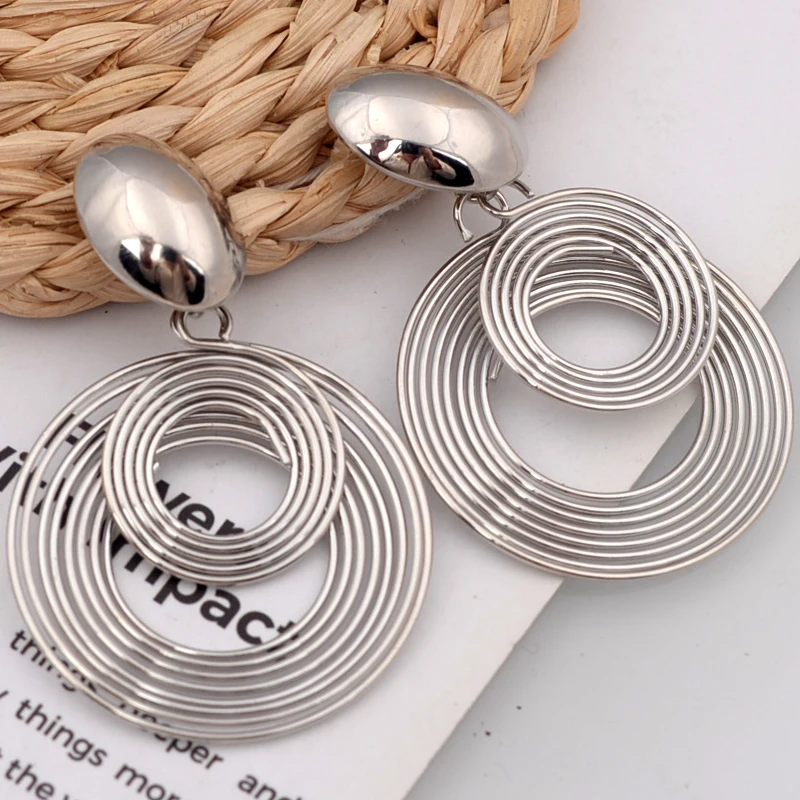 Trendy Big Round Statement Earrings for Women Golden Silver Color Metal Geometry Dangle Drop Earrings European Simple Jewelry thumbnail 2
