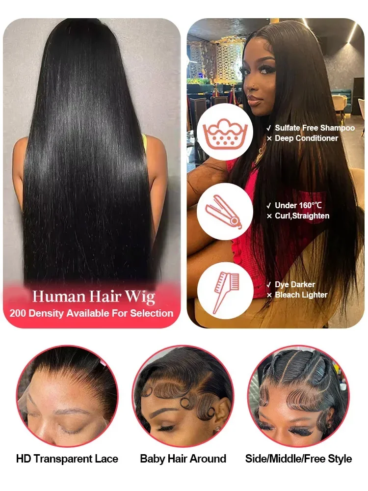 250 Density Human Hair Bone Straight 13x6 HD Lace Front Wig 5x5 Glueless 40 Inch 13x4 Lace Frontal Wigs Black Closure Brazilian thumbnail 2