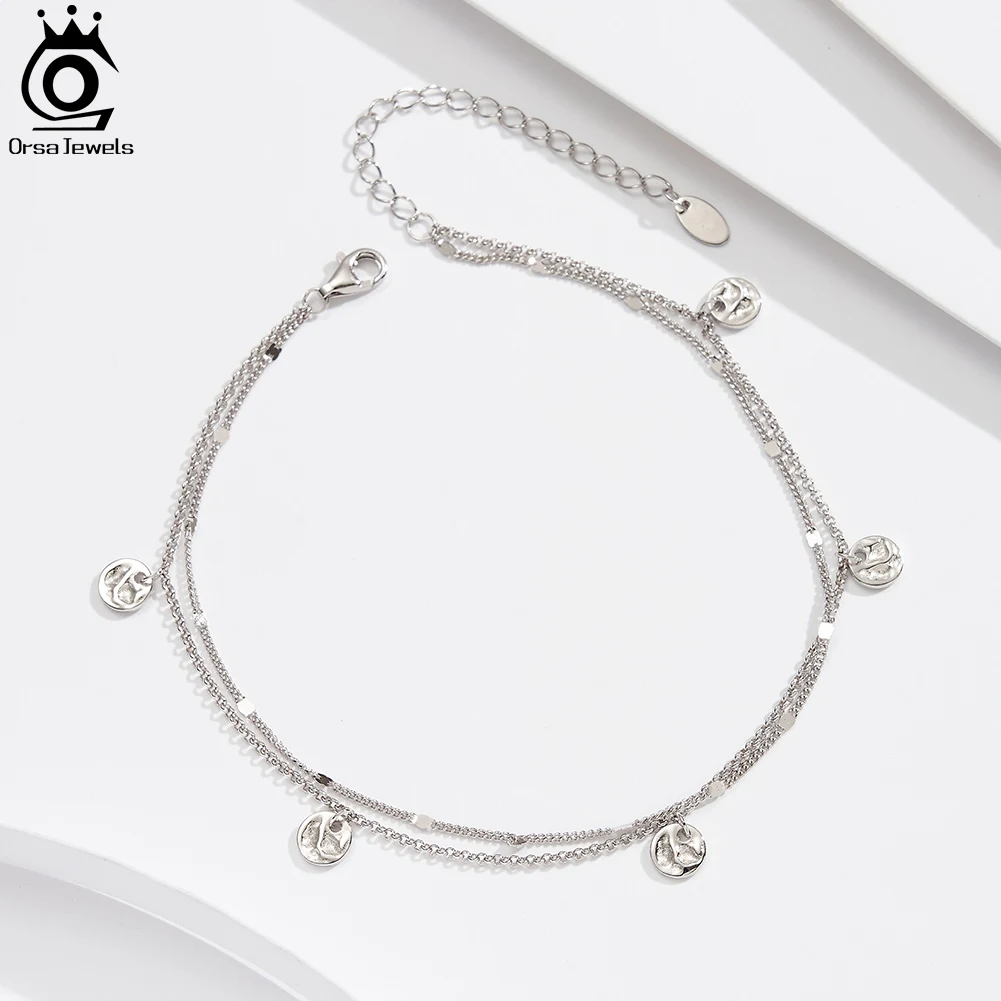 ORSA JEWELS Layered Cuban Chain Anklet with Coin Bead Silver 925 Women Summer Foot Chain Bracelet Ankle Straps Jewelry SA64 thumbnail 5