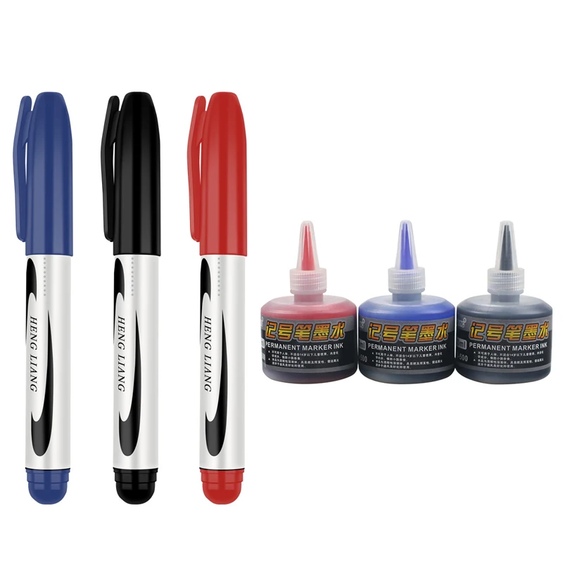 Waterproof Permanent Oily Marker Pen With ink Set Black/Red/Blue Art Marker 2.5mm Tip Crude Nib Student School&Office Stationery