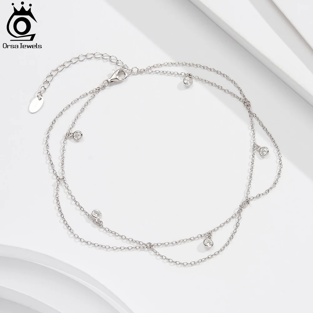 ORSA JEWELS Dangle Chain Anklet with Shiny CZ 925 Silver Summer Women's Foot Chain Bracelet Fashion Ankle Straps Jewelry SA72 thumbnail 5