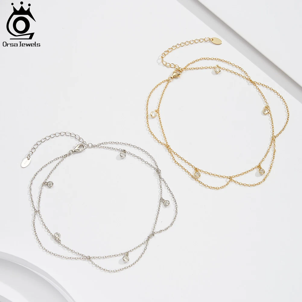 ORSA JEWELS Dangle Chain Anklet with Shiny CZ 925 Silver Summer Women's Foot Chain Bracelet Fashion Ankle Straps Jewelry SA72 thumbnail 3