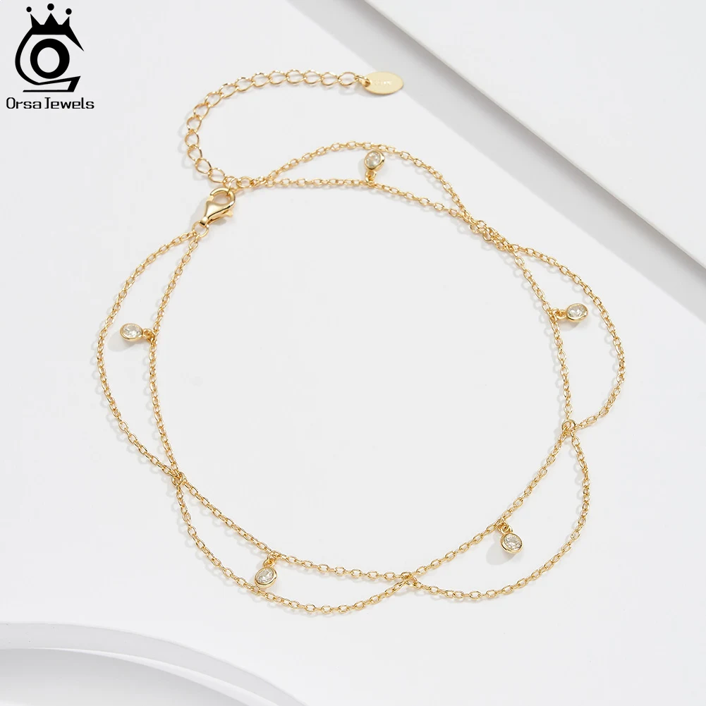 ORSA JEWELS Dangle Chain Anklet with Shiny CZ 925 Silver Summer Women's Foot Chain Bracelet Fashion Ankle Straps Jewelry SA72 thumbnail 4