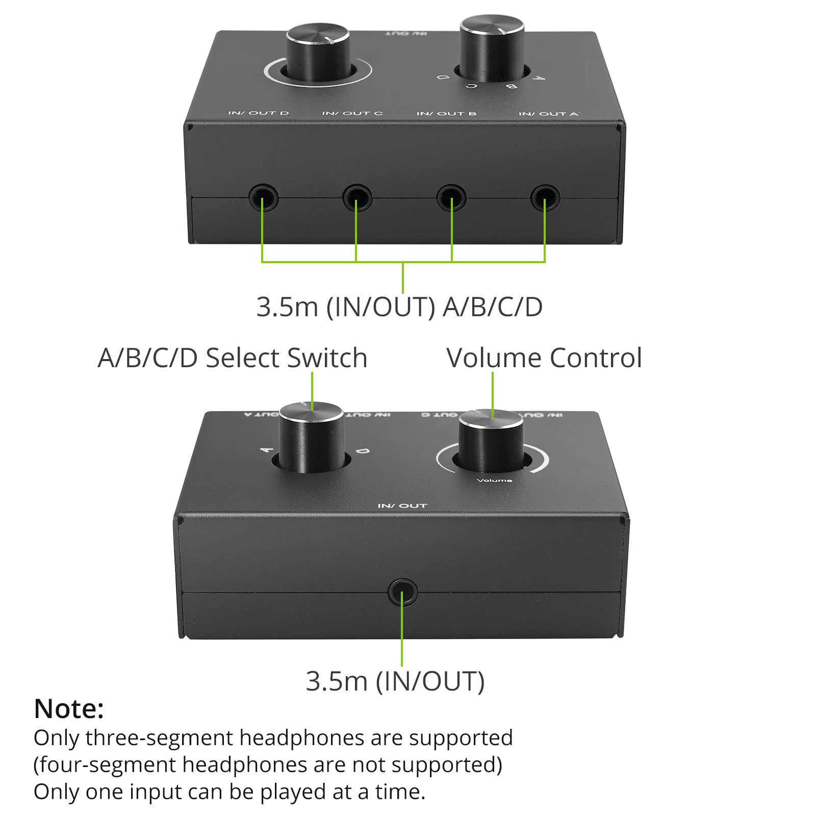 4 Way/2 Way 3.5mm Stereo Audio Switcher Bi-Directional Audio Switch Splitter Box 2 In 1 Out 4 In 1 Out with Mute Button thumbnail 5